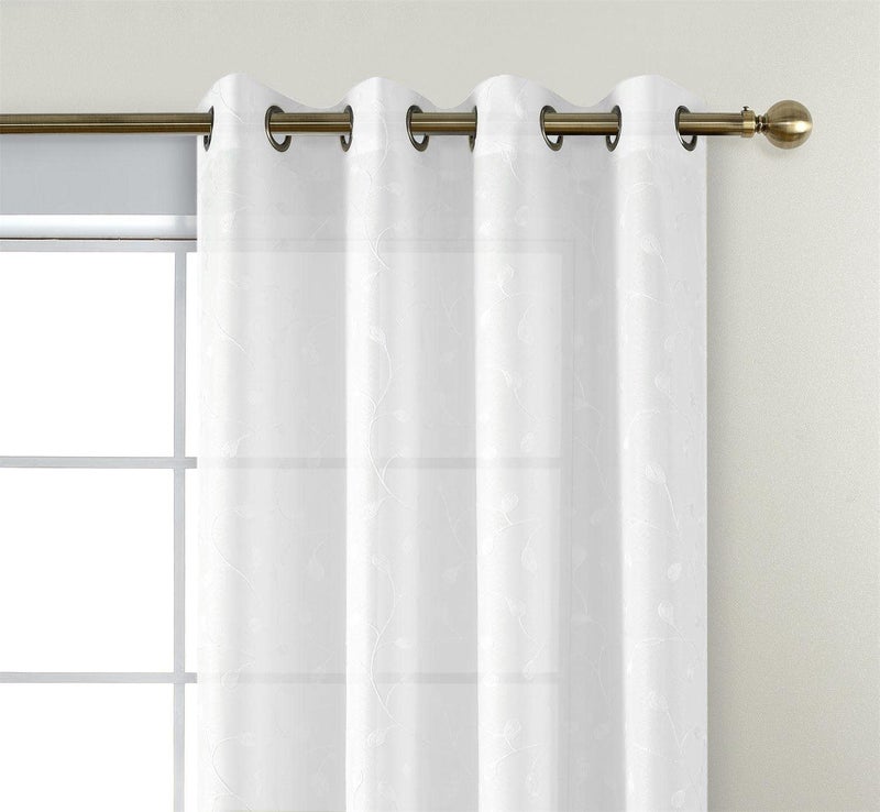 MIUCO Floral Embroidered Semi Sheer Curtains Faux Linen Grommet Window Curtains for Bedroom Living Room 95 Inches Long 2 Panels, Pure White - Image 3